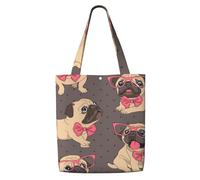 GrAtka Cachorro de Pug de dibujos animados con gafas y pajarita，Bolsas de supermercado reutilizables, bolsas de compras, bolsas de lona de gran capacidad, bolso de hombro