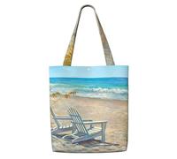GrAtka Escena de playa con sillas impresas，Bolsas de supermercado reutilizables, bolsas de compras, bolsas de lona de gran capacidad, bolso de hombro