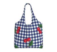 GrAtka Imprimir cerezas en cuadros azules,Bolsas de mano reutilizables, bolsas de supermercado, bolso de hombro de lona de gran capacidad