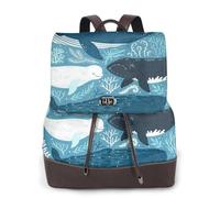 GRatka Mochila de cuero para mujer, mochila de día para mujer, mochila escolar de moda, bolsos de viaje, Ocean Life Sea Coral Ballena Tiburón Delfín Diseño Azul