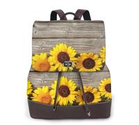 GRatka Mochila de cuero para mujer, mochila de día para mujer, mochila escolar de moda, bolsos de viaje, Girasol sobre madera rústica