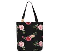 GrAtka Rosas rojas y rosadas con estampado floral vintage sobre fondo negro，Bolsas de supermercado reutilizables, bolsas de compras, bolsas de lona de gran capacidad, bolso de hombro