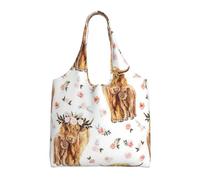 GrAtka Vaca escocesa de las Tierras Altas con flores rosas de primavera,Bolsas de mano reutilizables, bolsas de supermercado, bolso de hombro de lona de gran capacidad