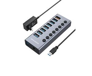 GRAUGEAR Cargador HUB USB 3.0 de 7 Puertos, 1 Puerto de Carga rápida, Interruptor Individual de Encendido/Apagado, Aluminio, con Fuente de alimentación de 48 W (12 V/4 A), Color Gris