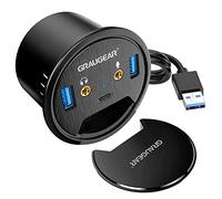 GRAUGEAR, Hub de Mesa USB 3.0, 3 Puertos, 1 USB-C, 2 USB-A, Audio I/O, Montaje en Orificio de Escritorio de 60 mm, Longitud del Cable 150 cm, Cubierta Protectora contra el Polvo