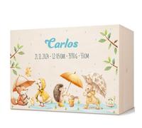 GRAVURZEILE Caja de recuerdos para bebés - Animales bajo la lluvia - Personalizado con nombre y fecha - Caja de madera para niñas y niños - Regalo para bebé de nacimiento - Caja de recuerdos para