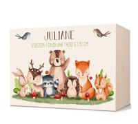 GRAVURZEILE Caja de recuerdos personalizada para bebés, animales del bosque, personalizable con nombre y fecha, caja de madera para niñas y niños, regalo para recién nacidos