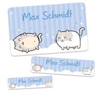 GRAVURZEILE Etiquetas escolares - Diseño de gatos - Personalizado con nombre - 100 pegatinas en 3 tamaños para escribir material escolar cuadernos libros - Regalo para el comienzo del colegio - Color: