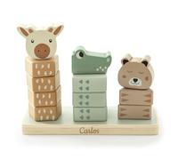 GRAVURZEILE Torre apilable grabada de animales de la selva - Jungle Jambo - Personalizado con nombre - Juguete infantil de madera - Expositor con 3 torres apilables de madera - Regalo para niños y