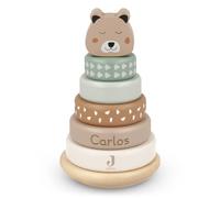 GRAVURZEILE Torre apilable grabada - Jungle Jambo - Personalizado con nombre - Anillos apilables para niños de madera - Cabeza de animal con torre oscilante y 5 anillos de madera - Regalo para niños y