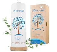 GRAVURZEILE Vela de bautizo con el árbol de la vida, vela con nombre, fecha y mensaje de bautismo, 250/80 mm, impresión brillante, regalo de bautizo personalizado para niñas y niños, color blanco y