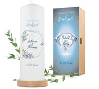 GRAVURZEILE Vela impresa - Diseño de boda diamante - Personalizado con nombre, fecha y texto - Regalo para parejas de 60 años de boda de diamante - Vela de boda Pilar 250/80 mm - Blanco