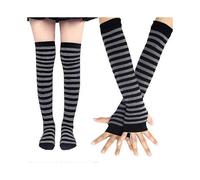 (Gray black bars) Womens Long Socks Striped Arm Warmer Fingerless Gloves Set For Cosplay Party/YY