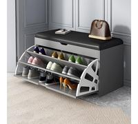 Gray Entryway Shoe Bench with Cushion Wooden Storage Cabinet with Doors & Flip Drawer Free Standing for Hallway Hidden Shoe Storage (60x30x51cm)