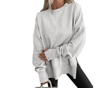 Gray Sweatshirt Women, 2025 New Thumbhole Long Sleeve Crewneck Sweatshirt Cozy Side Slit Pullover Top (Gray,M)