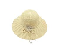 Greabuy Elegante sombrero de punto de verano con diseño de bordes ondulados, cómodo algodón y lino, ideal para vacaciones y uso diario, sombrero de sol decorado con flores, beige, Talla única