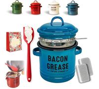 Grease Container with Filter and Scraper, 46 oz Bacon Grease Container with Strainer and Food-grade Silicone Spatula, Cooking Pot Keeper Collector, for Cooking, Fat Storage (D)