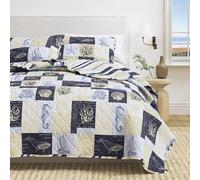 Great Bay Home Twin/Twin XL Coastal Bedding Set, Summer Coastal Quilt with Sham, Beach 2-Piece Reversible All Season Bedspread Quilt Set. Lightweight Nautical Quilted Coverlet. Navy/Taupe