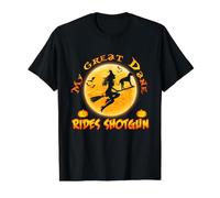 Great Dane Dog Rides Shotgun Witch Broom Funny Halloween Camiseta gráfica económica, Hombre, Negro, S