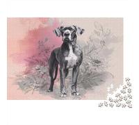 Great Dane Portrait-Black White Sketch Style Jigsaw Puzzles for Adults Grey Dog on Pink Background Educational Games for The Whole Family Women 52x38cm/1000pcs