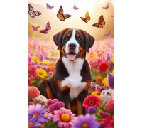 Greater Swiss Mountain Dog in a field of colorful flowers Notebook - Large 6 x 9 inches - 127 Pages