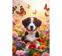 Greater Swiss Mountain Dog Puppy in a field of colorful flowers Notebook - Large 6 x 9 inches - 127 Pages