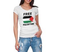 GREATFITS Camisa con cuello en V para mujer con la bandera de Palestina libre de Gaza, blanco, XL