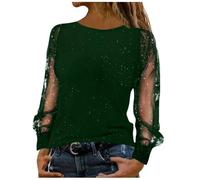 GreatRise Tops brillantes para mujer con tul de manga larga cuello redondo manga larga malla mangas lentejuelas parte superior lisa brillante blusas festivas para fiestas diarias, Marrón#1, XL