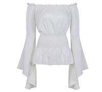 Grebrafan Steampunk Blusa Mujer Tops Elegante Medieval con Manga Larga Acampanada sin Hombro(EUR(32-34) S, Blanco)
