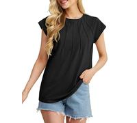 GRECERELLE Blusa de verano para mujer, cuello redondo con pliegues, túnica para mujer, informal, elegante, camiseta de algodón, manga plisada, Negro , XL