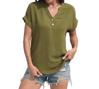 GRECERELLE Camiseta de verano para mujer, con botones, cuello en V, puños enrollados, suelta, camiseta de moda, blusas casuales para uso diario, Ejercito Verde, L