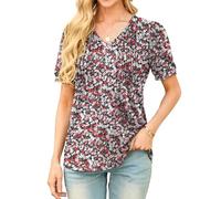 GRECERELLE Camiseta de verano para mujer, manga corta, cuello redondo, camiseta para el tiempo libre, camiseta ligera e informal, túnica, Negro con flor roja, XL