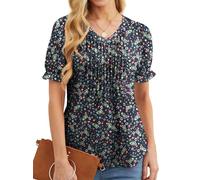 GRECERELLE Camisetas elegantes de verano con cuello en V para mujer, plisadas en la parte delantera, blusas de manga corta con volantes del Reino Unido, Azul + flor blanca, L