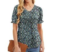 GRECERELLE Camisetas elegantes de verano con cuello en V para mujer, plisadas en la parte delantera, blusas de manga corta con volantes del Reino Unido, Rosa blanca y negra, XXL