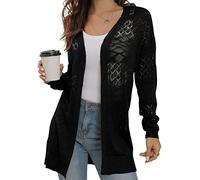 GRECERELLE Cárdigan de verano para mujer, ligero, de encaje, hueco, de punto, suave, de manga larga, frente abierto, para playa, color liso, protección solar, L01 Negro, S