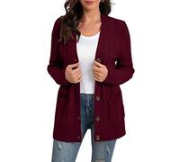 GRECERELLE Cárdigan largo de punto para mujer, cárdigan de punto con bolsillos con botones, ropa de punto de manga larga suelta, cárdigan de gran tamaño, para otoño, invierno, A04 Wine Red, L