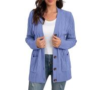 GRECERELLE - Cárdigan largo de punto para mujer con bolsillos y botones, suéter de manga larga holgado para mujer, cárdigan de punto para otoño, invierno y primavera, azul claro, L