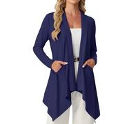 GRECERELLE Cárdigan ligero para mujer sin botones, elegante de verano, manga larga, cárdigan, cárdigan, informal, abrigo de punto con bolsillo, dobladillo alto y bajo, azul marino, XL