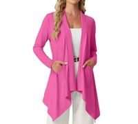 GRECERELLE Cárdigan ligero para mujer sin botones, elegante de verano, manga larga, cárdigan, cárdigan, informal, abrigo de punto con bolsillo, dobladillo alto y bajo, rojo, rosa, XXL