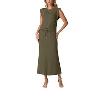 GRECERELLE Conjunto de 2 piezas de verano para mujer, cuello redondo, parte superior sin arrugas y cintura elástica, falda midi de cola de pez con bolsillos, Army-GreenB101, XXL