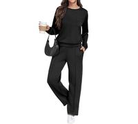 GRECERELLE - Conjunto deportivo de mujer de dos piezas, traje de entrenamiento, sudadera con capucha de manga larga, cuello redondo informal, tops casuales y pantalones de chándal con bolsillos, Negro