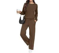 GRECERELLE - Conjunto deportivo de mujer de dos piezas, traje de entrenamiento, sudadera con capucha de manga larga, cuello redondo informal, tops casuales y pantalones de chándal con bolsillos, café