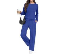 GRECERELLE - Conjunto deportivo de mujer de dos piezas, traje de entrenamiento, sudadera con capucha de manga larga, cuello redondo informal, tops casuales y pantalones de chándal con bolsillos, azul