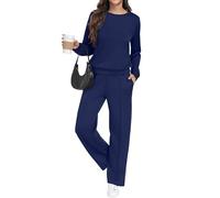 GRECERELLE - Conjunto deportivo de mujer de dos piezas, traje de entrenamiento, sudadera con capucha de manga larga, cuello redondo informal, tops casuales y pantalones de chándal con bolsillos, azul