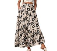 GRECERELLE Falda larga de verano para mujer, cintura elástica, estilo bohemio, acampanada, con bolsillos y dobladillo con volantes, para vacaciones y uso casual, A01 Flor Caqui Negra, M
