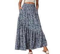 GRECERELLE Falda larga de verano para mujer, cintura elástica, estilo bohemio, acampanada, con bolsillos y dobladillo con volantes, para vacaciones y uso casual, A01 flor azul y blanca, XXL