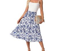 GRECERELLE Faldas de verano midi para mujer estilo boho, faldas fluidas casuales de cintura alta palazzo, falda A-line con bolsillos y cinturón ajustable con nudo, XL