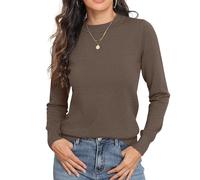 GRECERELLE Jersey de punto para mujer, suave, cuello redondo, manga larga, elegante, básico, para Navidad, otoño, invierno, primavera, adolescente, café, XXL
