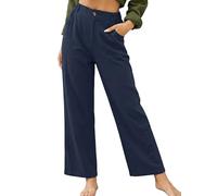GRECERELLE Pantalones de verano de lino para mujer, informales, ligeros, de pierna ancha, pantalones de tela de algodón, cómodos, aireados, informales, para la playa con bolsillos, azul marino, L