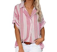 GRECERELLE Sudadera de manga corta para mujer, cuello en V, túnica de flores, holgada, camiseta informal de verano, Rayas rosas., 3XL